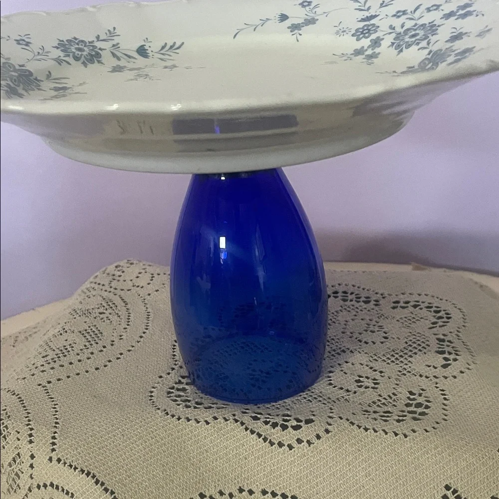 Blue Glass Pedestal with White Floral Plate - serving tray - cake platter